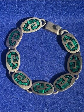 Vintage Sterling Silver Malachite Link Bracelet Mexican Taxco Jewelry